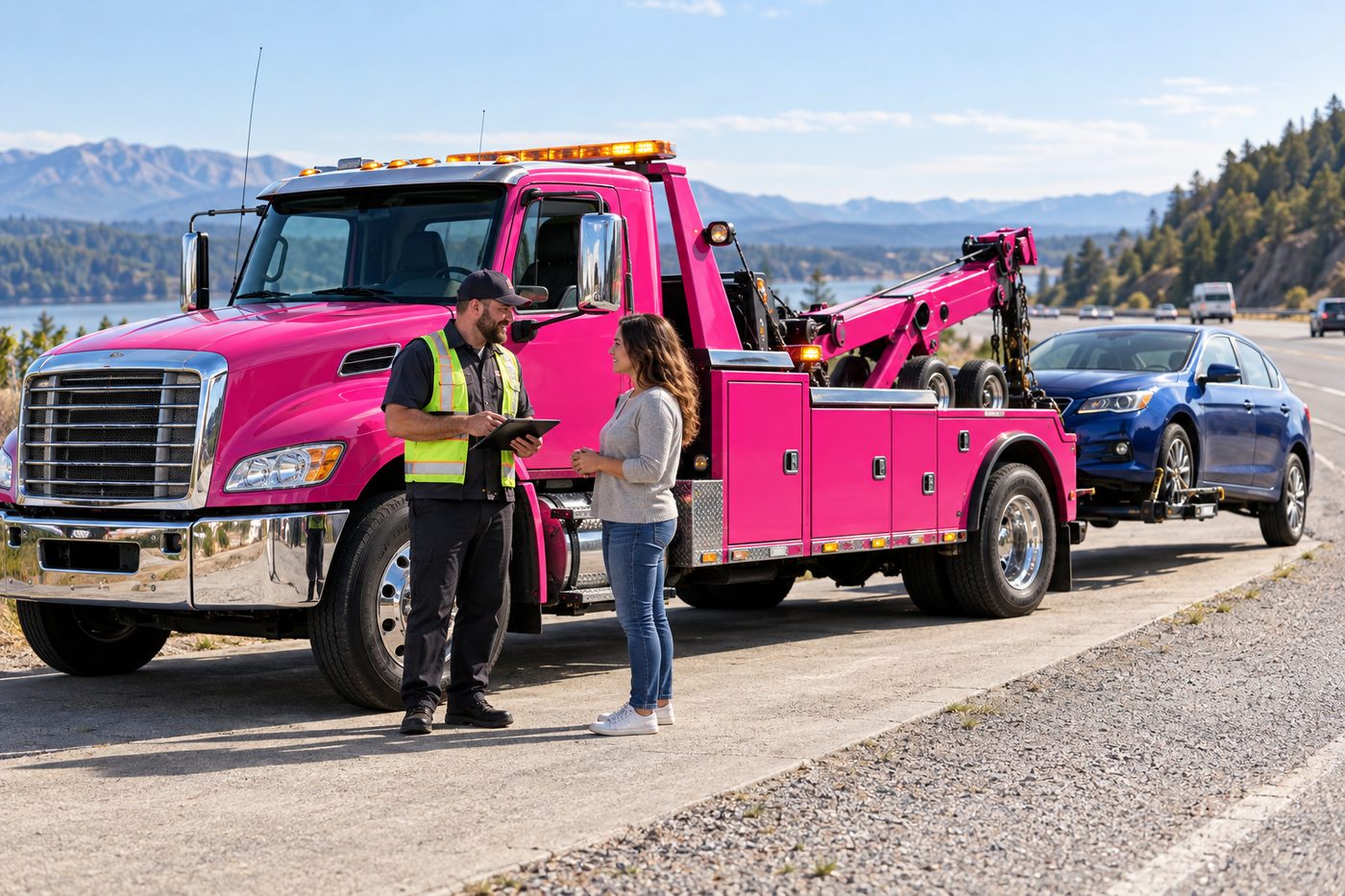 Illustration of a Pinky&rsquo;s Towing driver talking with a customer beside a pink tow truck