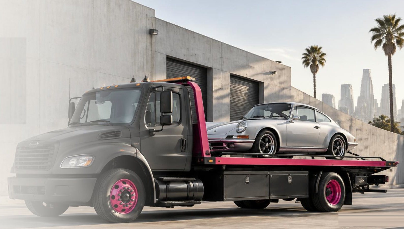 Illustration of a charcoal flatbed tow truck with pink trim carrying a silver classic car