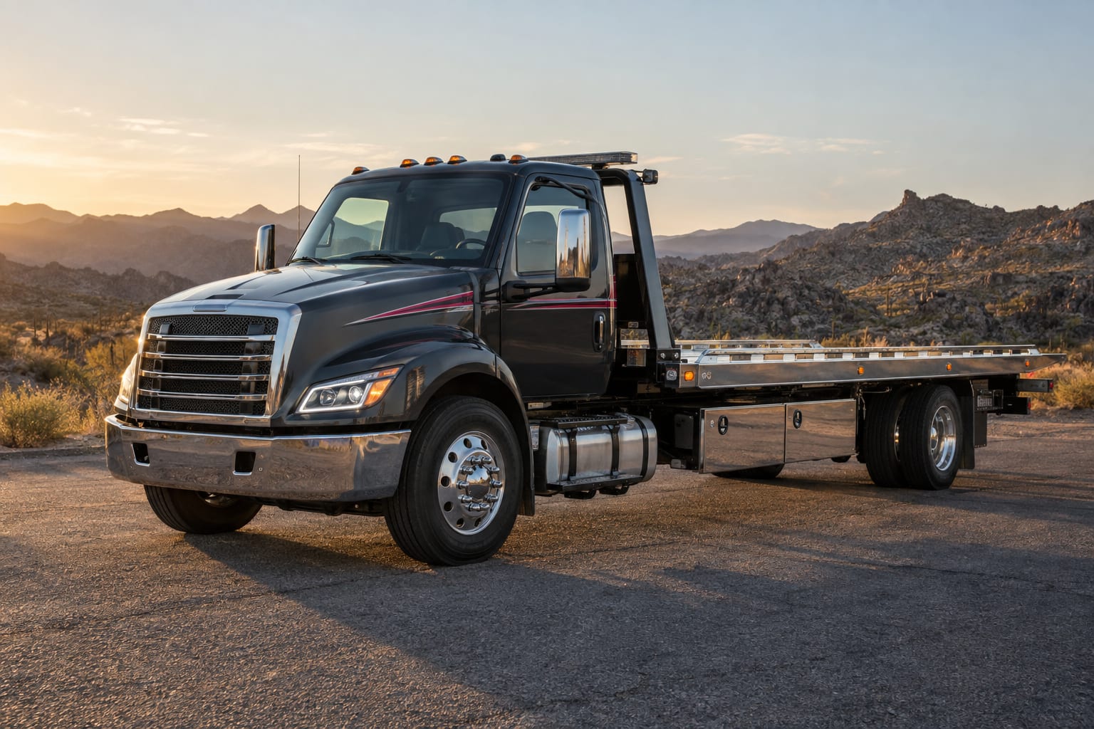 Illustrative flatbed tow truck in desert surroundings
